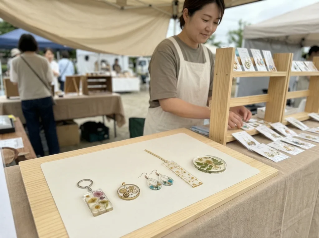 UV resin safety examples of small finished projects including jewellery, a key fob, a bookmark, and a coaster